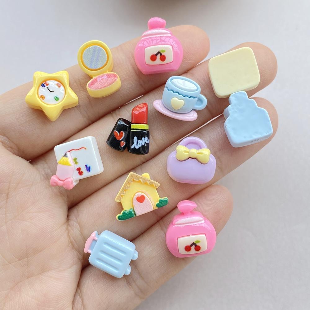 30Pcs Cute Cartoon Mini Lipstick, Mirror, Suitcase, Alarm Clock Nail Art Resin Designer Charms DIY Craft For Nail 3D Decorations