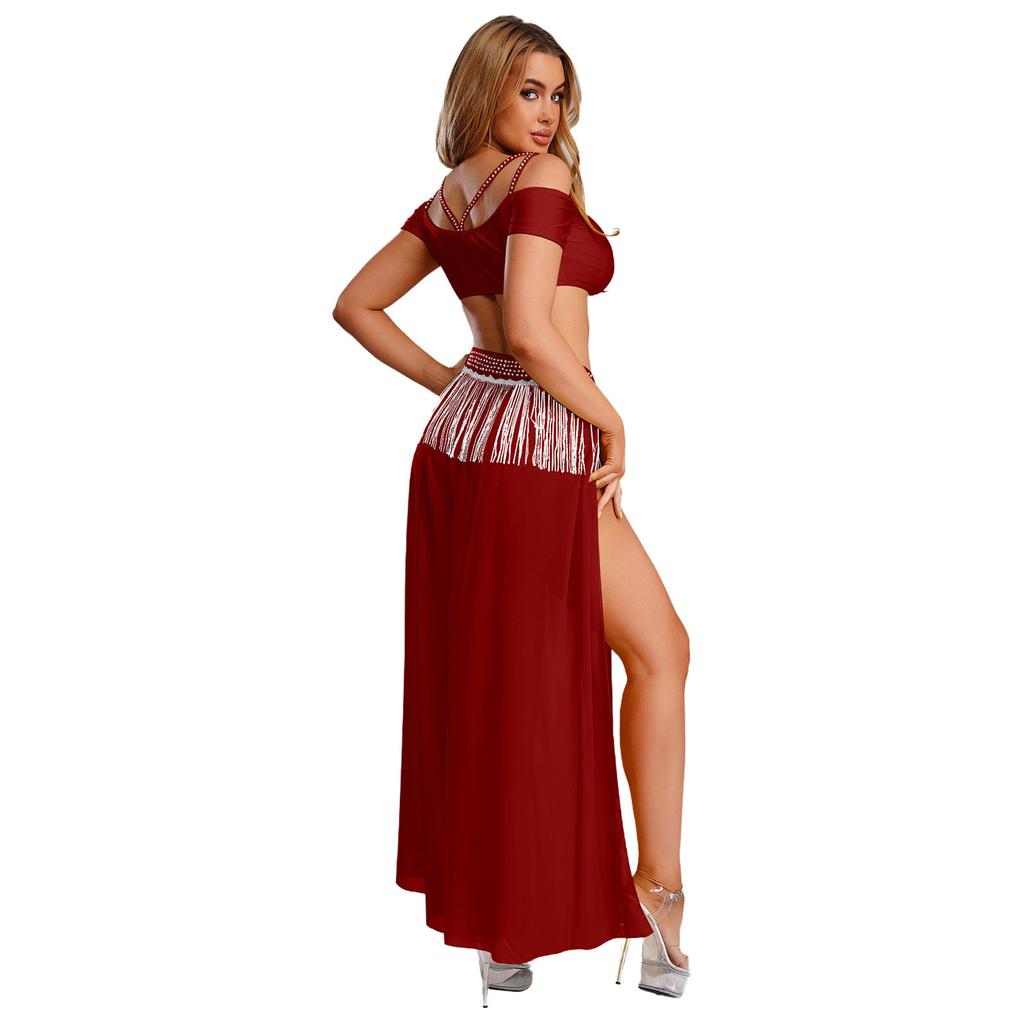 Womens Chiffon Wide Leg Pants Sequins Tassel Slit Belly Dance Culottes Cold Shoulder Crop Top Rhinestone Waist Set