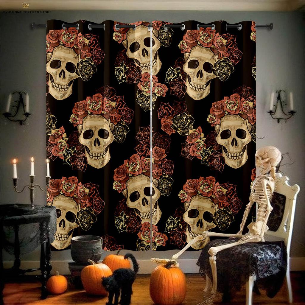 Blackout Curtains 3D Printed Floral Skull Print Curtains, Halloween, Gothic, Living Room, Dining Room, Holiday, Party Decoration