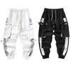Men Hip Hop Drawstring Multi Pockets Straps Ankle Tied Long Cargo Pants Trousers