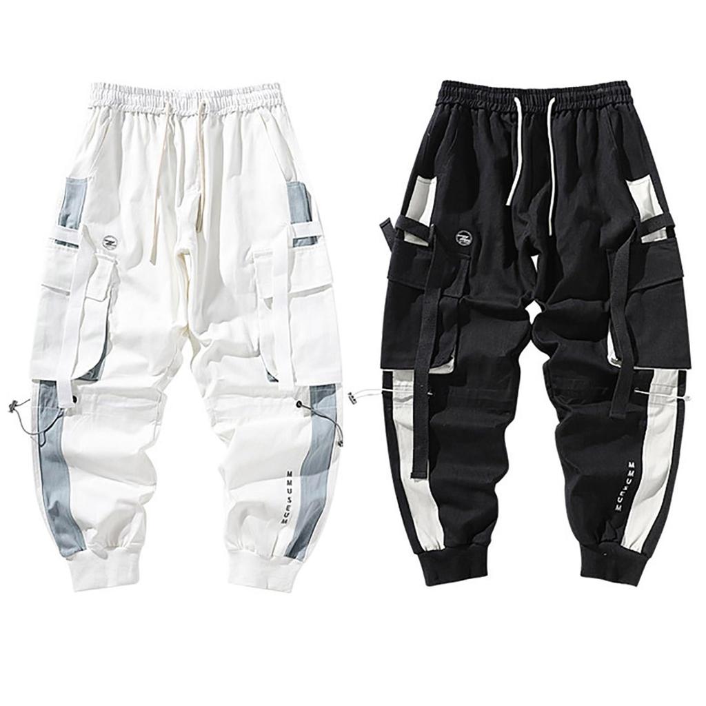 Men Hip Hop Drawstring Multi Pockets Straps Ankle Tied Long Cargo Pants Trousers