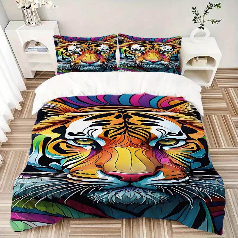 3pcs Tiger Print Duvet Cover Set, Cover For Bedroom Guest Room (1 Duvet Cover + 2 Pillowcase, Without Quilt),  Yy250922136