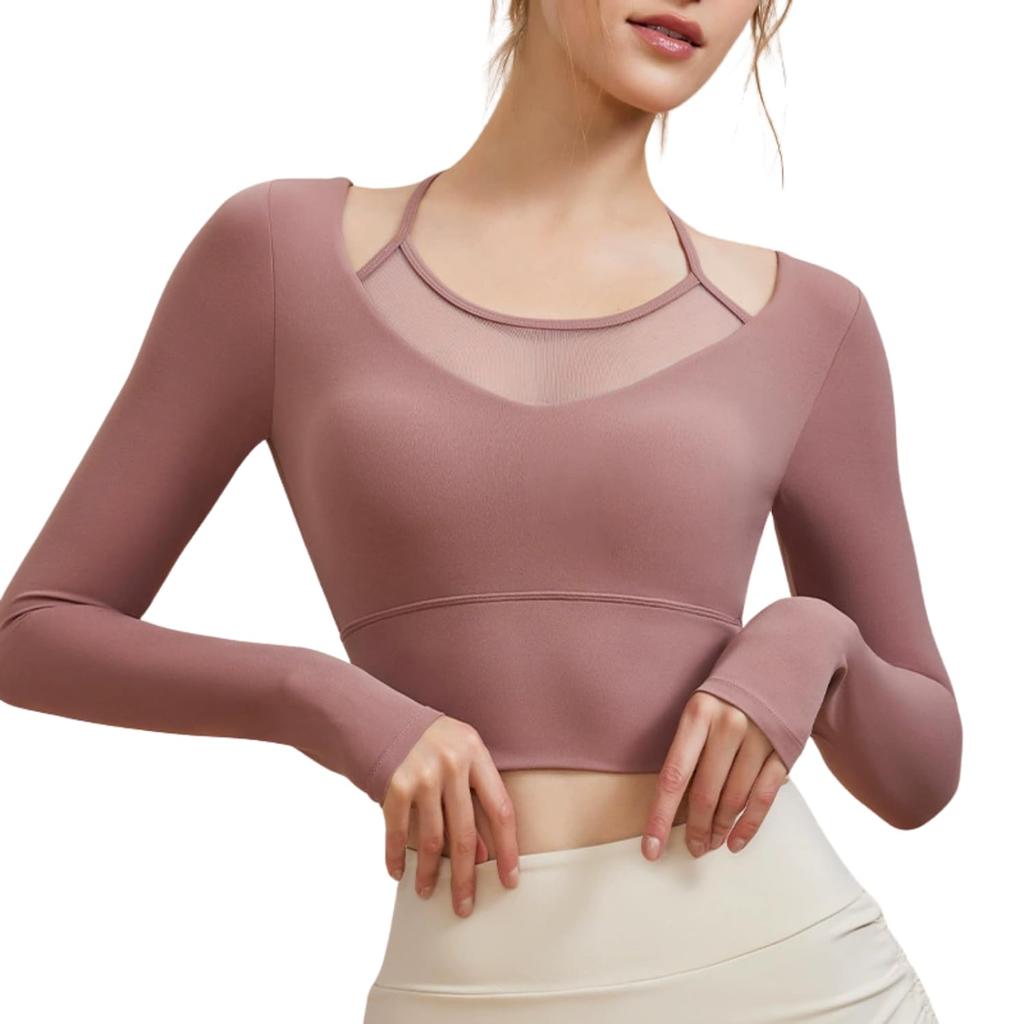 illmitato Long Sleeve Yoga Top Compact for Hot Yoga Size Women's (Cupped, Short, Length) (Dark Pink, Small)