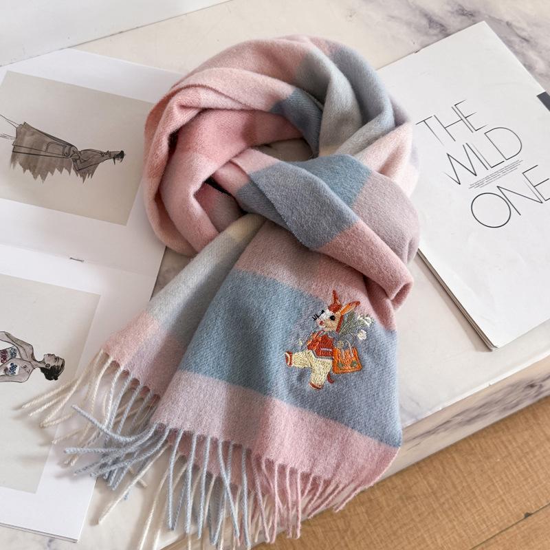 New Year's pony simple three-dimensional embroidery couple's thickened scarf men's and women's pure plaid scarf gifts