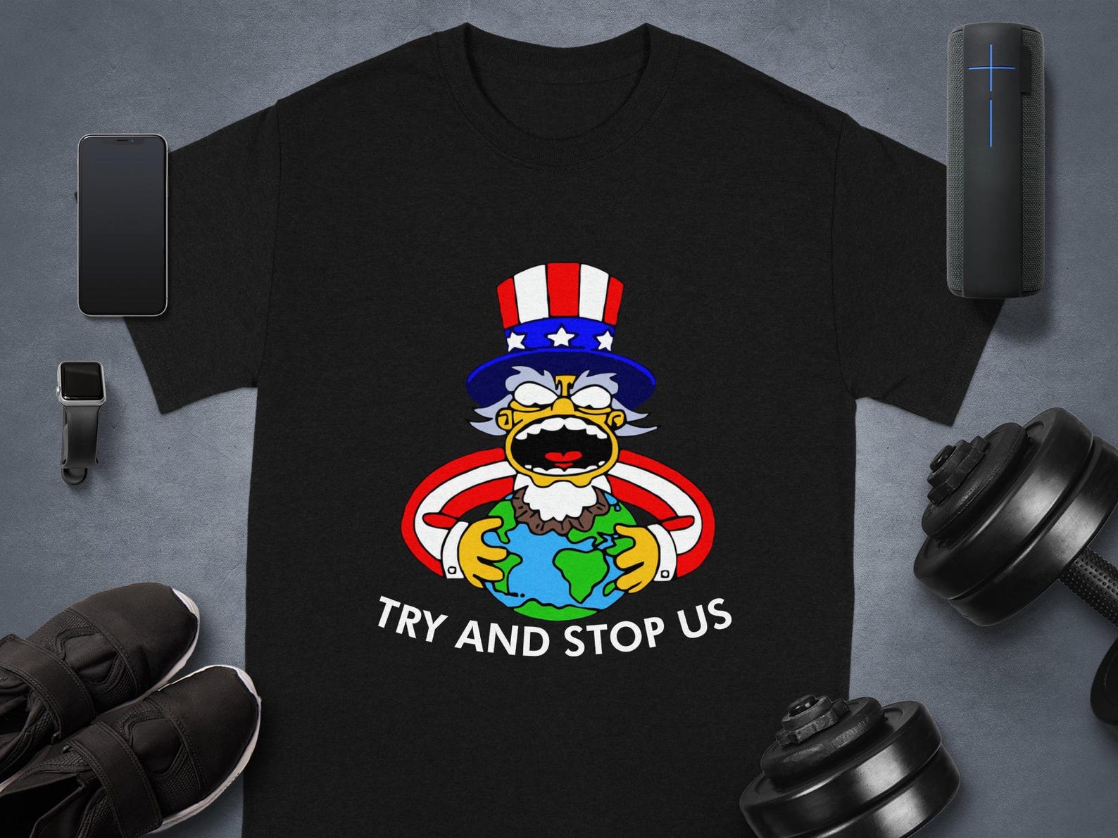Cartoon Uncle Sam T-Shirt, Global Domination Tee, American Patriot Shirt, Funny Political Humor, USA Parody Gift, Patriotic Clothing L