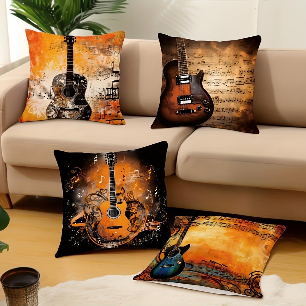 Retro guitar sheet music pillowcase, pillowcase ultra-soft polyester material living room sofa back car pillowcase decoration