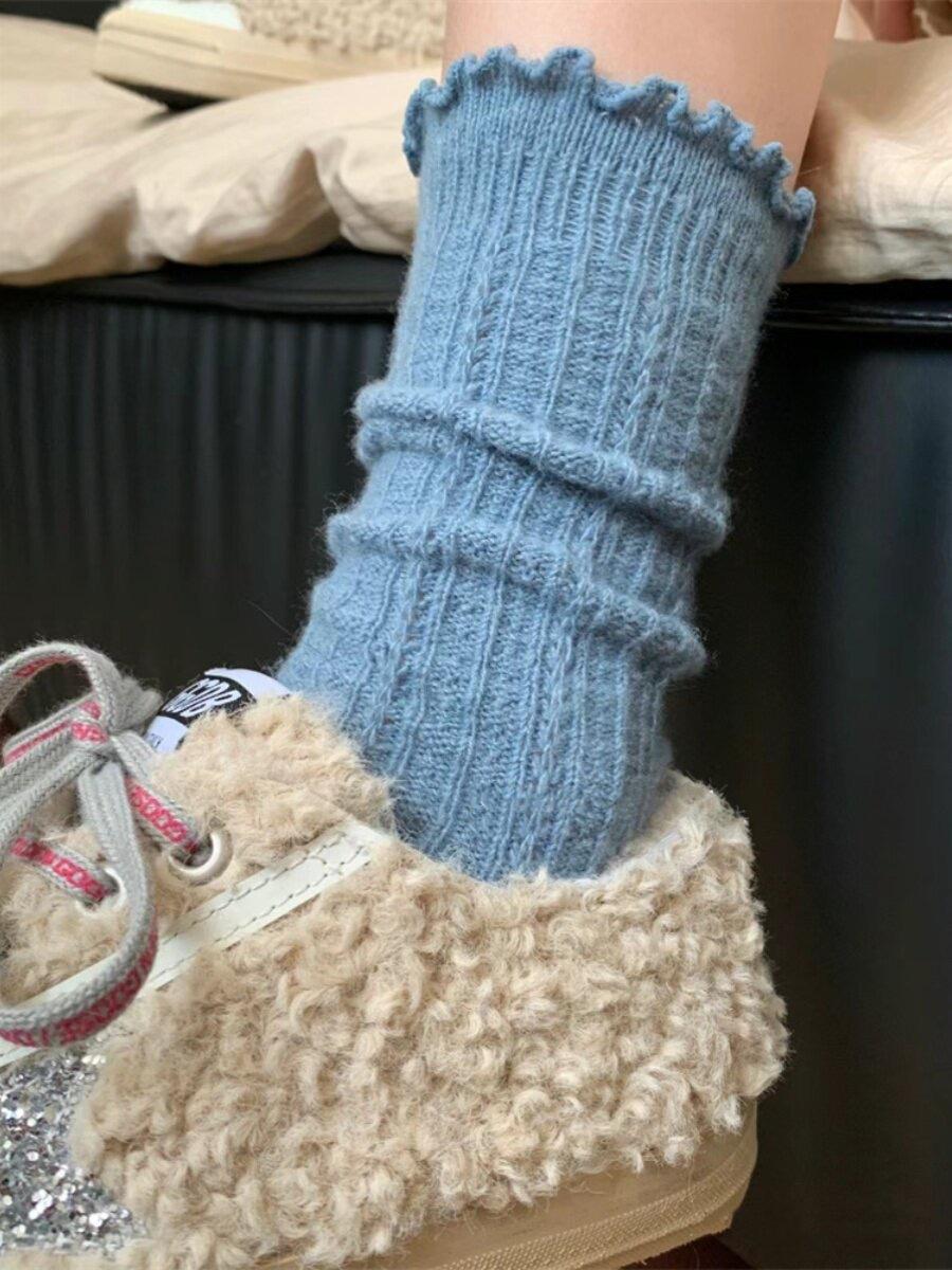 

Wool Socks Season Fleece Thickened Warm Cashmere Stack Socks Pink Mid-Leg Socks Winter Cotton Stockings One size fits all темно-синього кольору
