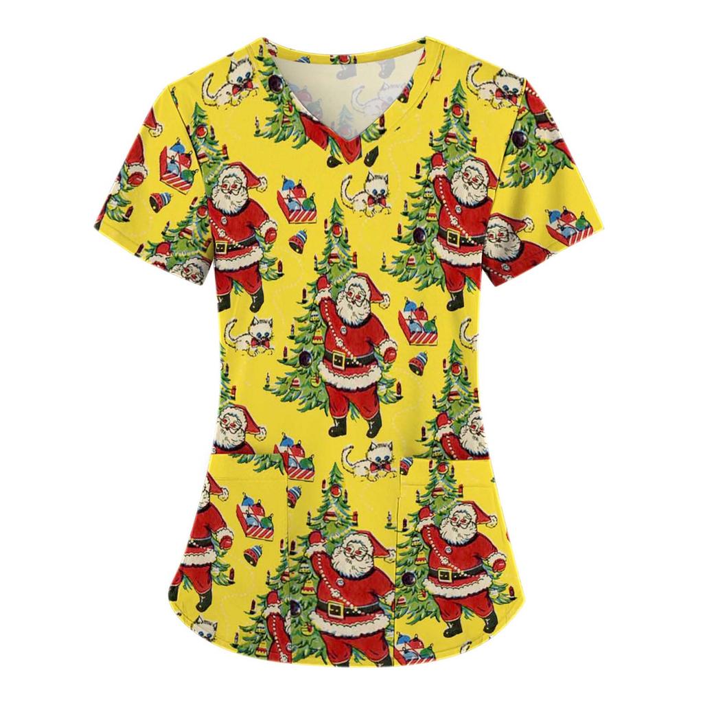 Fruit Plus Size V-Neck Tops Pockets Women Working Uniform Nurse Orange Banana Wear Print Femme Blouse Medical Uniforms Shirts