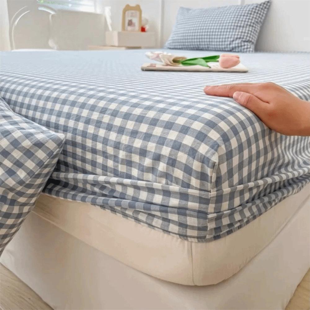 Practical All Inclusive Single Plaid Mattress Cover Elastic Band Non Slip Bed Sheet Rustic Style Skin-friendly Bed Cover Bedroom