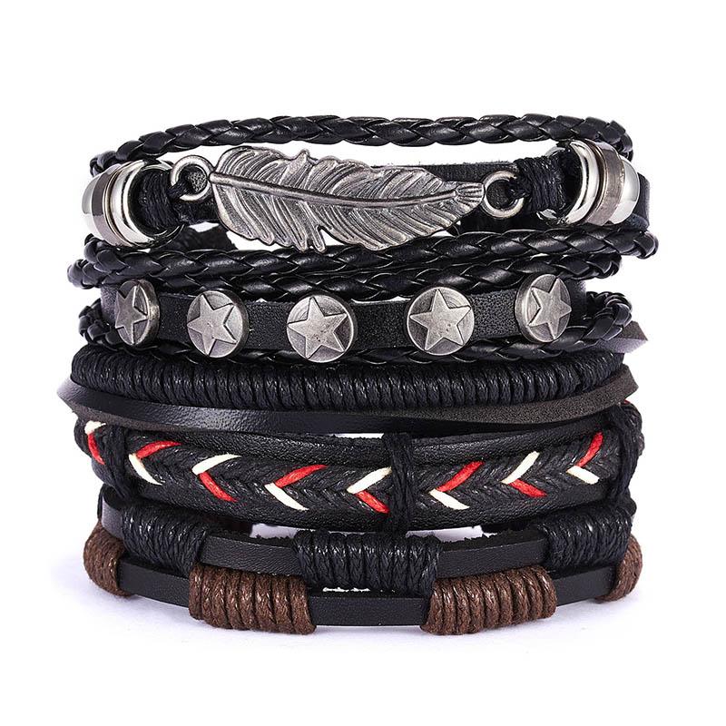 Vintage Multilayer Braided Leather Bracelet For Men Star Leaf Owl Handmade Rope Wrap Bangle Male Gift Jewelry