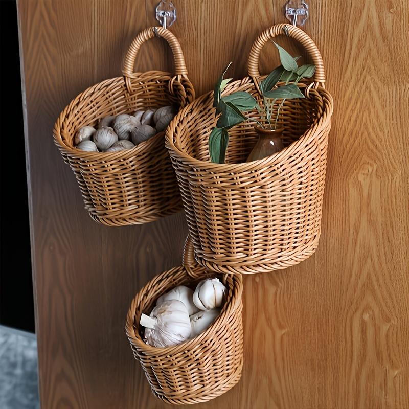 Imitation Rattan Kitchen Storage Basket Brown with Handle Hand-woven Hanging Baskets Sundries Organizer Vegetable Fruit Flower