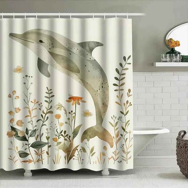 Stylish Dolphin Floral Shower Curtain Waterproof Fabric Bath Decor For Home Decoration
