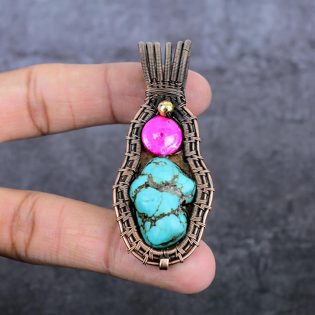 Natural Tibetan Turquoise, Shell Copper Wire Wrap Jewelry Pendant 2.84" i2C93