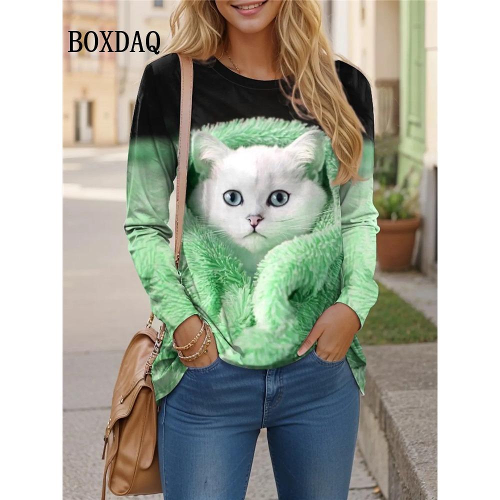 Contrast Color Classic Black White Cat Print T Shirt Women Cute Fashion Long Sleeve Tops Oversized Casual Streetwear Loose Shirt