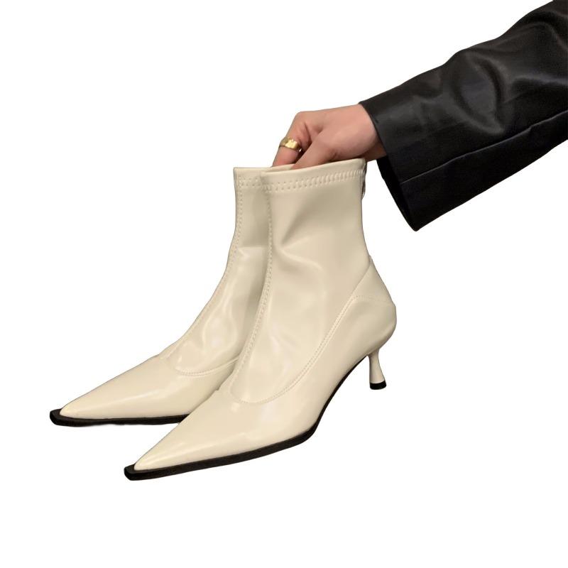 High heel pointed small short boots women's shoes new spring, autumn and winter velvet thin boots small ankle boots