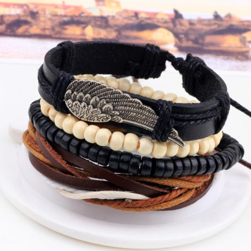 4pcs Punk Braided Adjustable Leather Bracelets Men For Women Cuff Vintage Jewelry