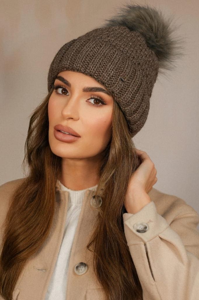 Kamea-Furja Brown Women' Winter Hat with Eco Pompom