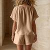 Women Summer Two Piece Set V Neck Short Sleeve Button Front Top Elastic Waist Shorts Casual Lightweight Outfit for Vacation