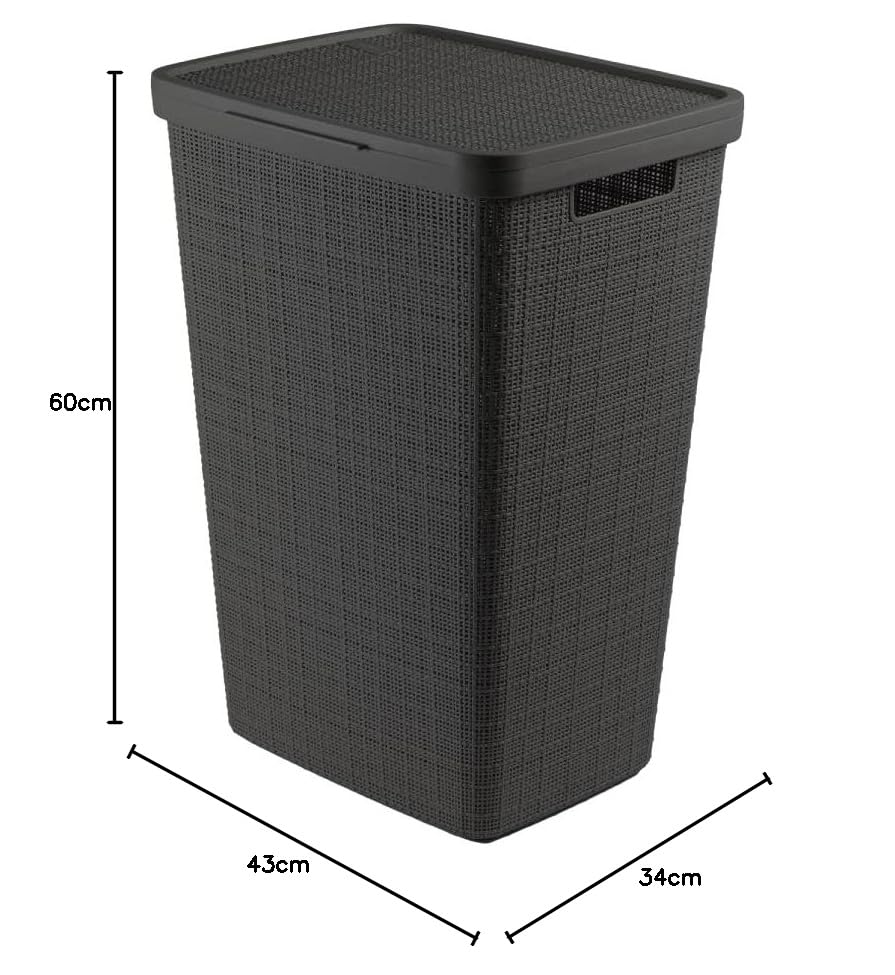 CURVER Jute Basket with Lid, Gray, 58L, Laundry Storage Basket, Durable, Scandinavian Design, Linen-Like Texture
