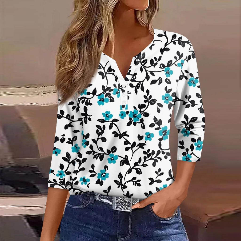 Women's T Shirt Tee Print Button 3/4 Sleeve Daily Weekend Fashion Basic V- Neck Regular Top