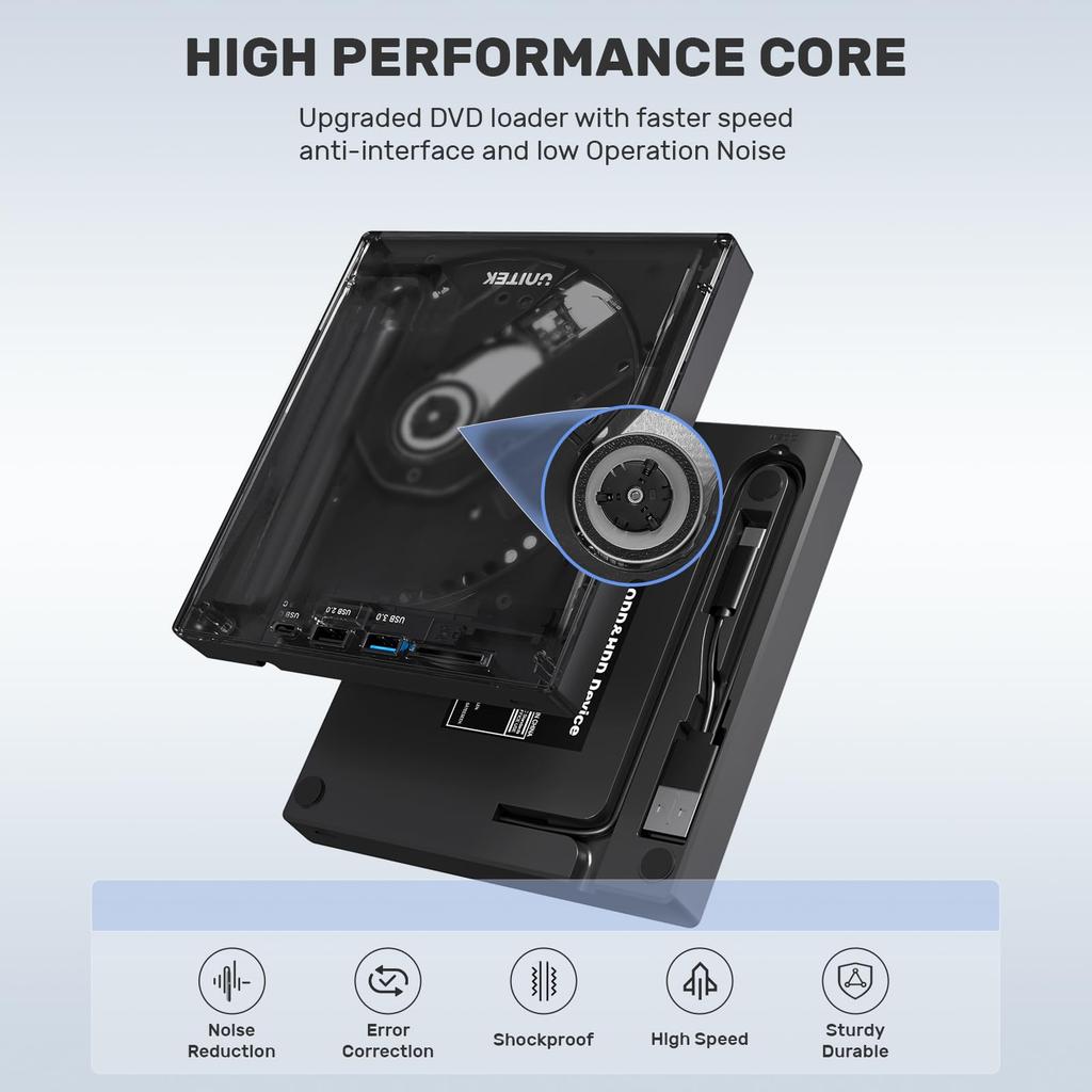 Unitek Improved Light-Up Version Game Console Style Multifunctional External CD/DVD Drive with USB Hub Function, USB 3.0/Type C Port, Portable Drive,