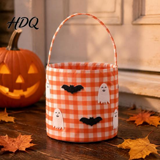 Trick or Treat Bags Halloween Bucket Basket for Kids Boys Girls Plaid Pumpkin Fall Festival Decorations Bat Ghost Candy Tote Bag with Handle