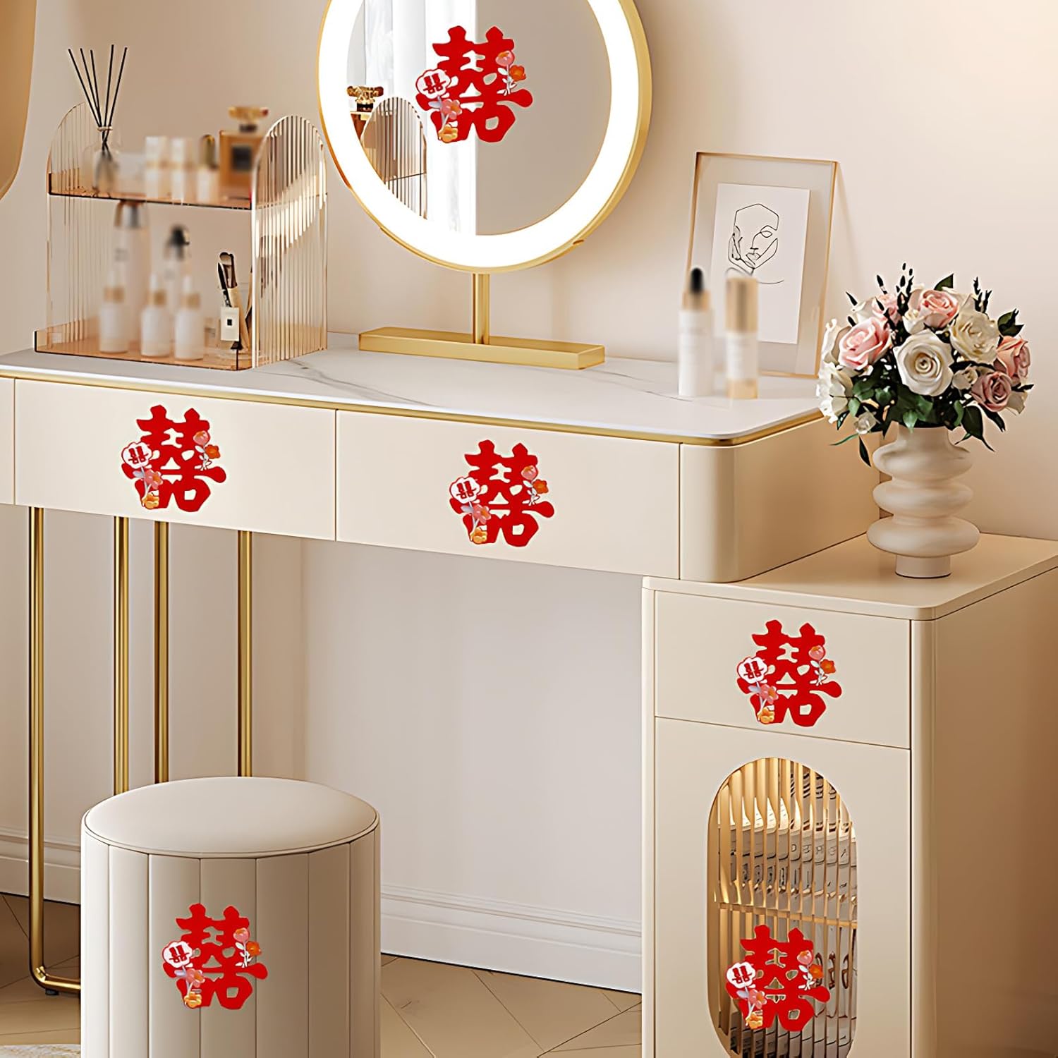 Chinese Double Happiness Wedding Stickers Decorations, 50 PCS, PVC Self-Adhesive Removable, 3.9x3.9 inches, Red
