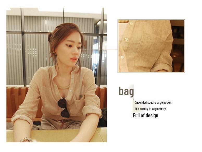 Summer Sunscreen Japanese Cotton Linen Stand Collar Blouse