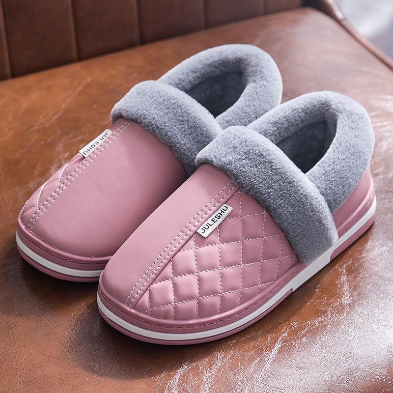 Waterproof Leather-Cotton Slippers, Non-Slip Closed Heel for Indoors