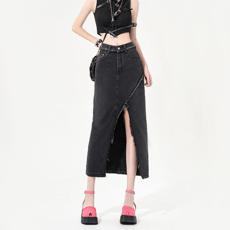 Irregular Package Hip A-line Skirt Design Sense Denim Skirt Burlap High-waisted Mid-length Open Half-body Skirt Female Fashion Denim Bustier Skirt
