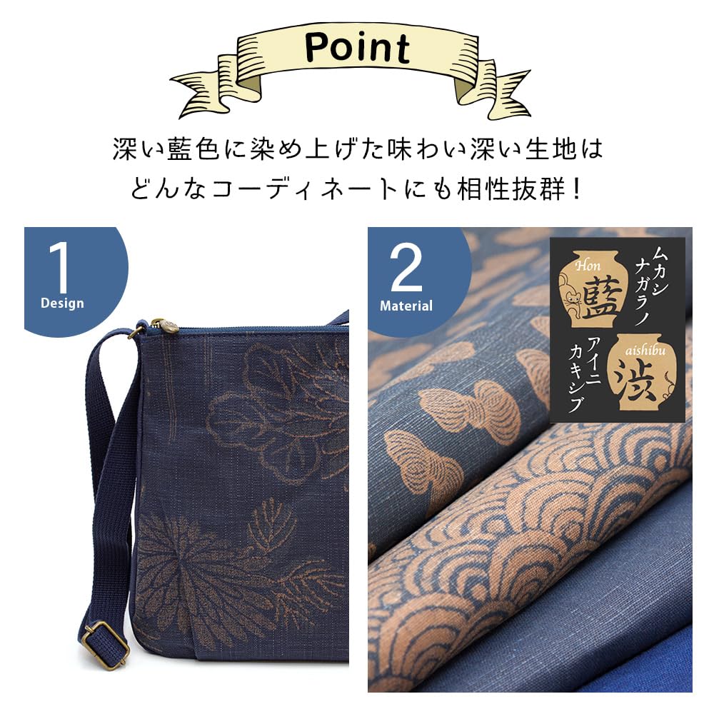 [creare Kiki] Women's Shoulder Bag, Crossbody, Lightweight, Made in Japan, Kimono Style, Indigo, Persimmon Tannin Dyed Kyoto Canvas, Crepe, Mom's