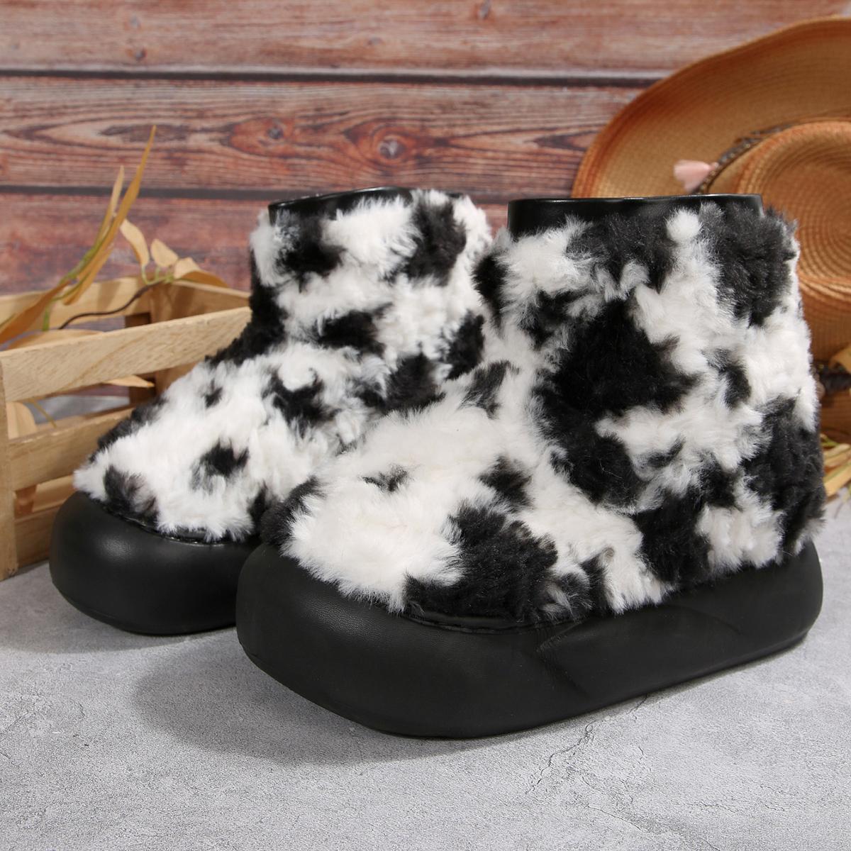 

Теплые короткие плюшевые милые ботинки-дутики на толстой подошве женские 2025 зимние смешанной расцветки леопардовые ботильоны на платформе брендовые пушистые меховые туфли 36-37