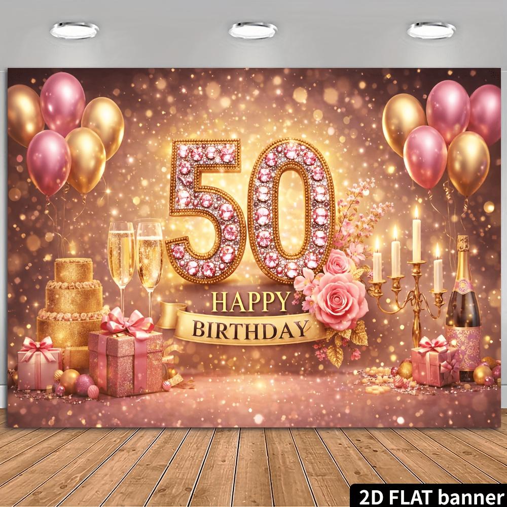 A warm and cozy pink and gold birthday theme featuring a diamond-encrusted number 50 pink and gold balloons and a multi-tiere 100x150cm