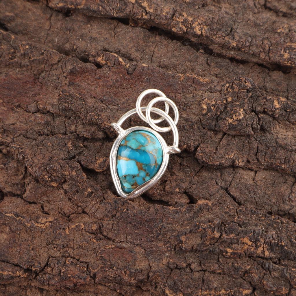 Blue Copper Turquoise Stone Sterling Silver Friendship Day Handcrafted Pendant PP-56-43