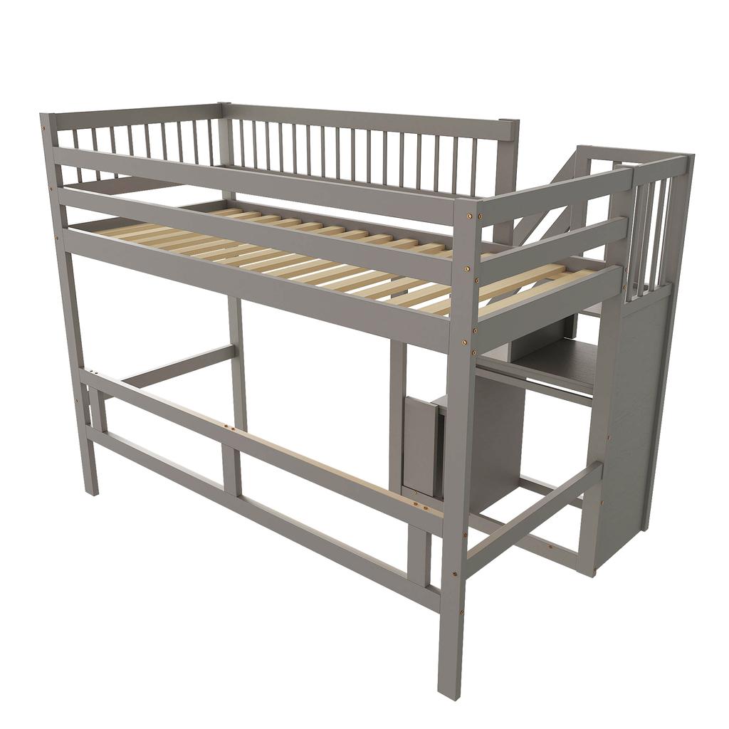Letto in Legno Massello 90*200, Scaletta con Armadietto, Letto per Bambini, Letto per Ragazzi, Letto Singolo, Struttura in Legno Massello, Versione Alta, Grigio