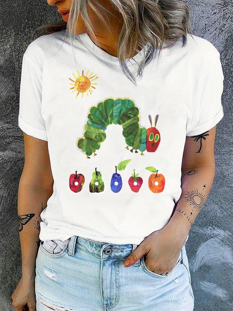 Women's Breathable Fruit & Insect Print T-Shirt - Casual Crew Neck Short Sleeve Top with Stretch Fabric