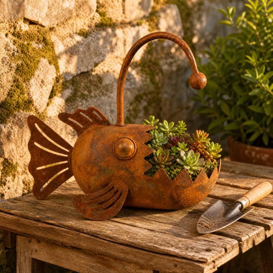 Baizihuahu Fish Shaped Metal Planter, Rustic Anglerfish Flower Pot, Decorative Rusty Plant Pot for Succulents Cacti Small Plants