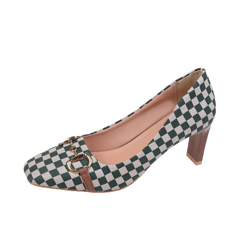 Square Head Single Shoes Women's Fashion Metal Buckle Thick Heel High Heels New Color Matching High Heel Single Shoes