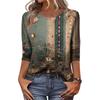 Trendy Vintage 3/4 Sleeve Top For Women ,Ladies Casual Three Quarter Sleeve Round Collar Printed T-Shirt Blouse