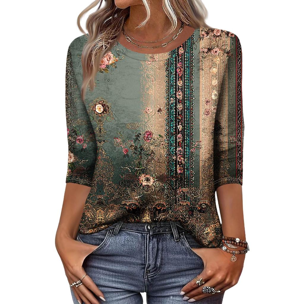 Trendy Vintage 3/4 Sleeve Top For Women ,Ladies Casual Three Quarter Sleeve Round Collar Printed T-Shirt Blouse