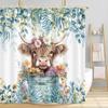 Gray Eucalyptus Highland Cattle Shower Curtain Watercolor Plant Flower Farmhouse Shower Curtain Plant Bathroom Curtain Set With Hook