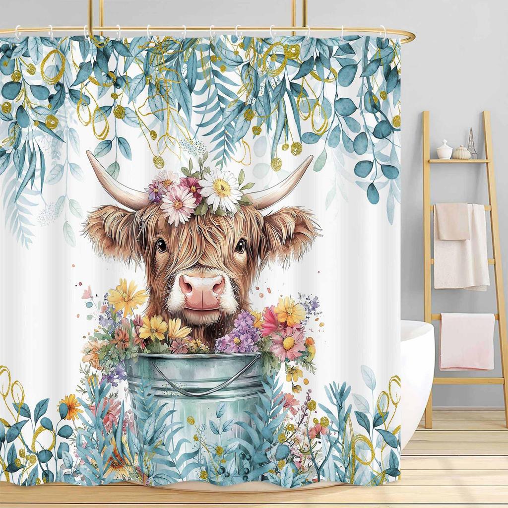 Gray Eucalyptus Highland Cattle Shower Curtain Watercolor Plant Flower Farmhouse Shower Curtain Plant Bathroom Curtain Set With Hook