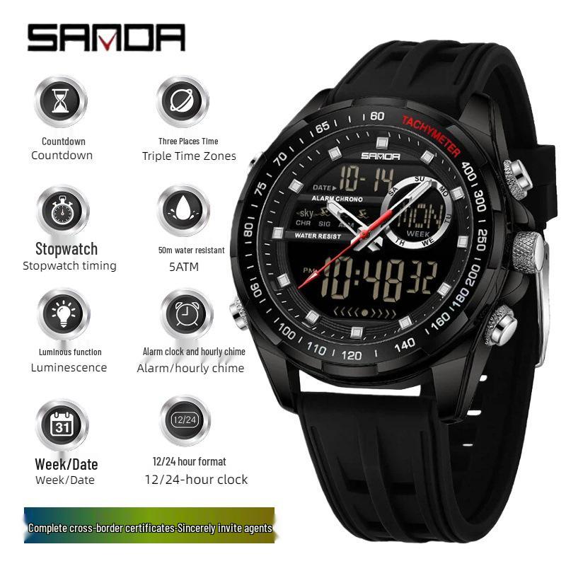 SANDA 50M Waterproof Multifunctional Student Sport Watch with Alarm and Three-Time Zone Display