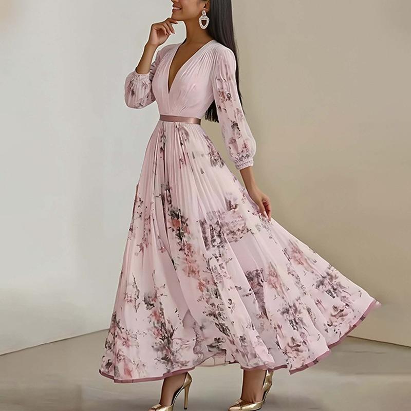 Women S Elegant Printed V Neck Pleated Long Sleeve A Line Dress Summer Slim Fit