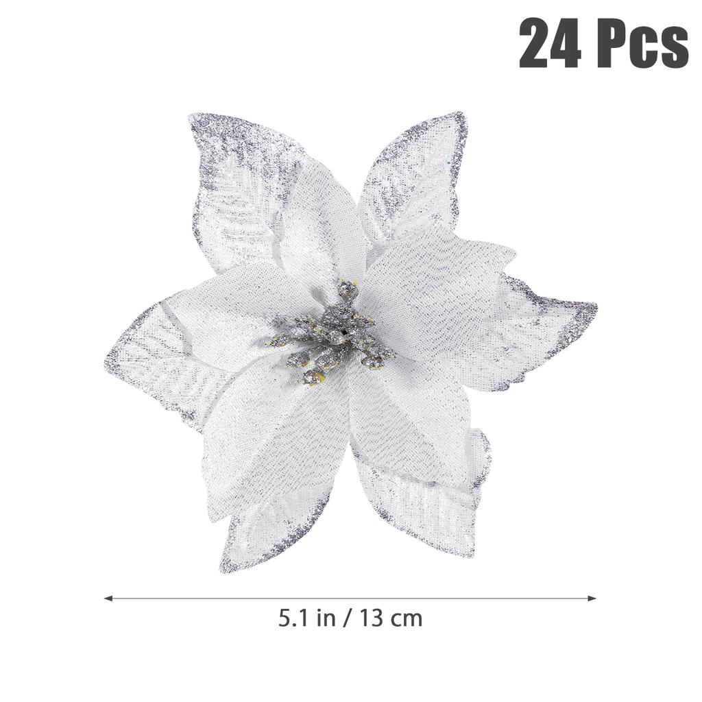 Christmas Flowers Poinsettia Artificial Tree Decorations Flower Glitter Fake Silver Decorative White Wedding Ornaments Gliter