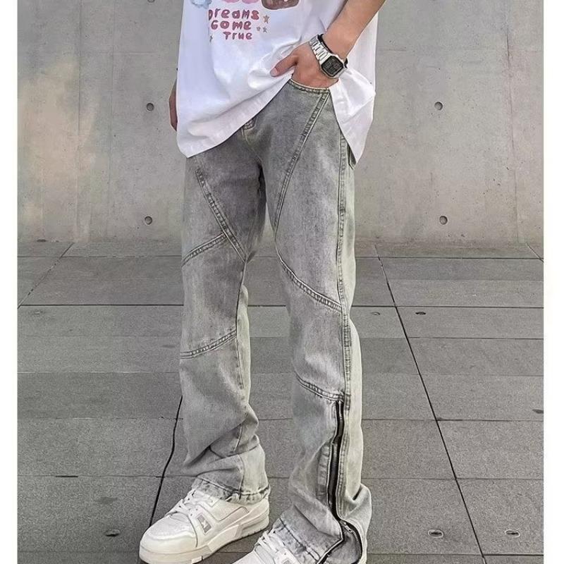 2023 Men's Flared Washed Jeans with Zipper: American High Street Style