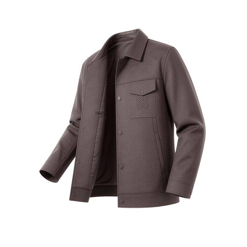 Hongdou Men's 100% Wool Workwear Jacket with Contrast Leather Collar