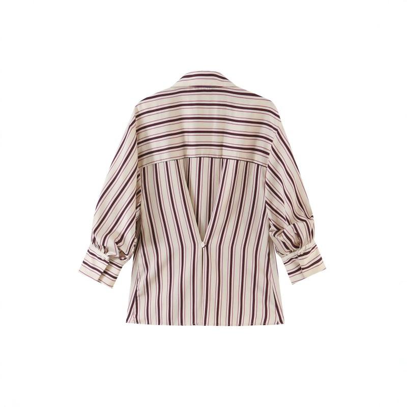 Womens Striped Shirt Turn-down Collar Adjustable Sleeve Length Casual Long Blouse
