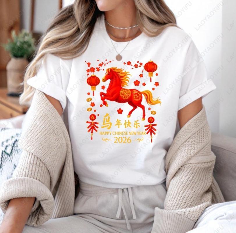 Chinese New Year Fire Horse Cotton Shirts Year Of The Horse Lunar New Year Lantern Oneck Printed Tops Ropa Mujer Women Clothes