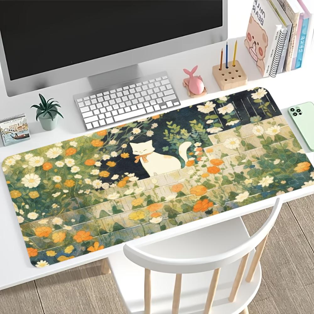 Floral Cute Cat Large Gaming Mouse Pad Non Slip Rubber Lock Edge Extended Desk Mat For Gamers Office Laptop Desktop Work Setup